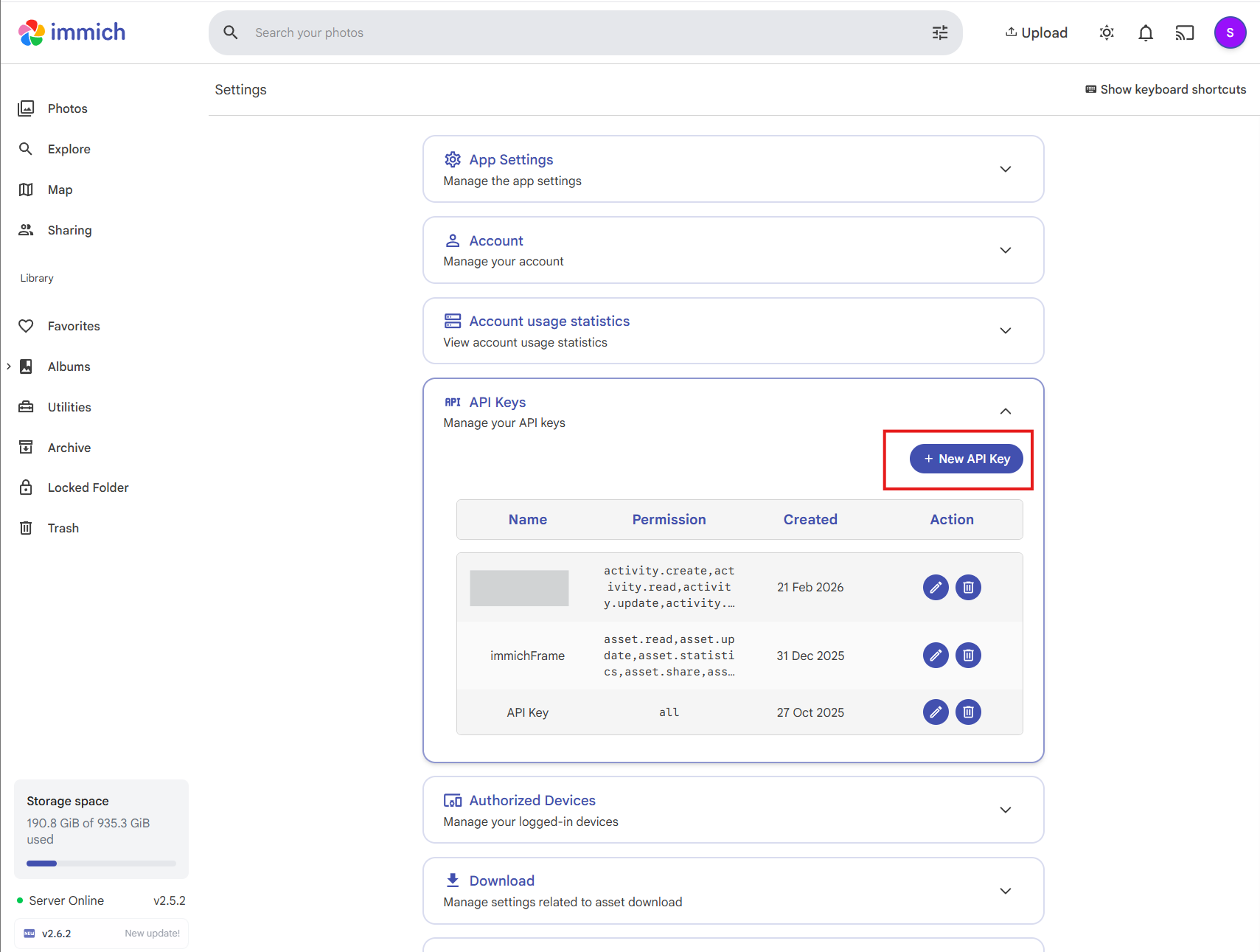 Screenshot of Immich API key generation
