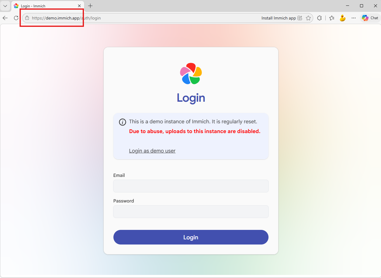 Screenshot of Immich server URL location